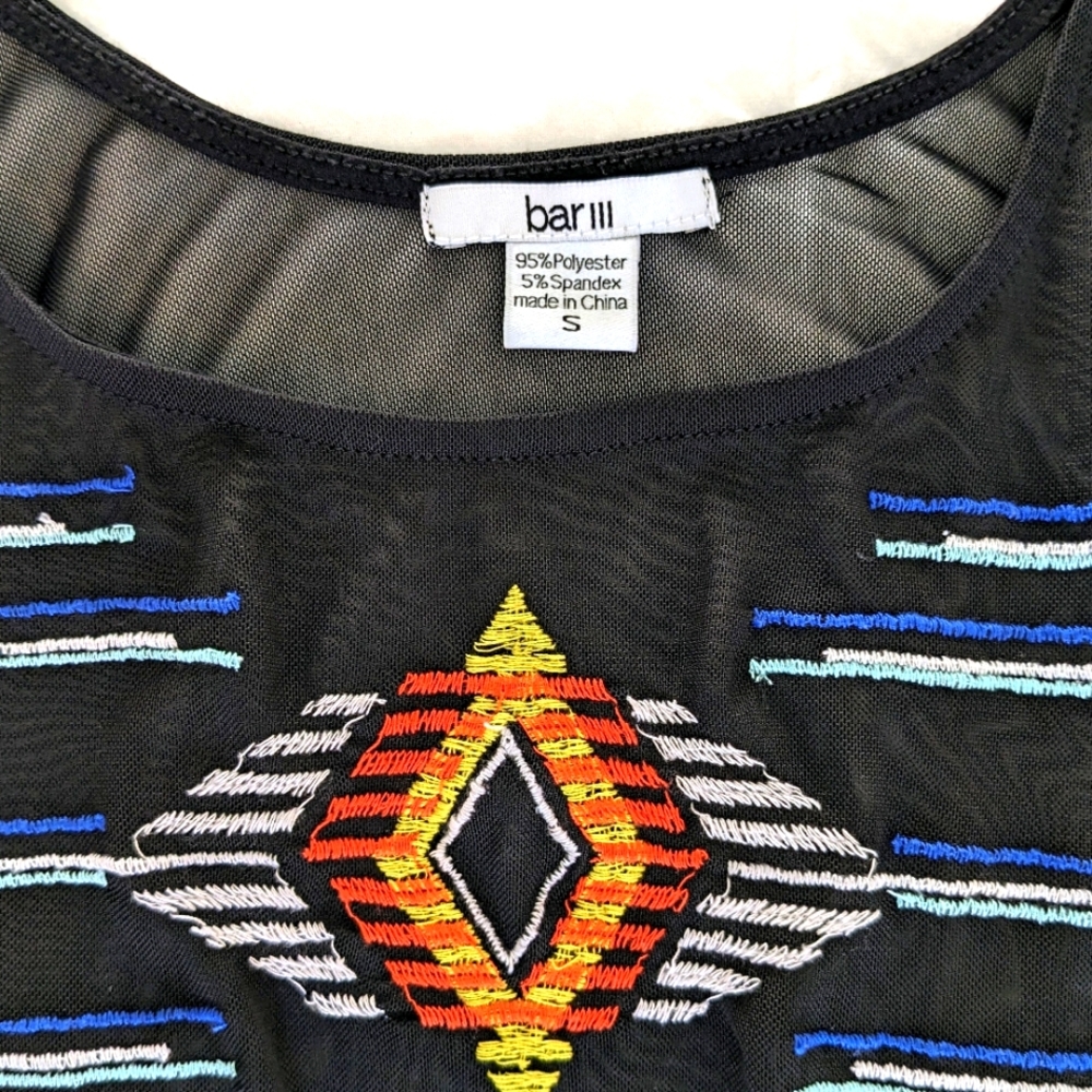 Bar III Black Mesh Tank Top with Geometric/Tribal Design- Small - Picture 2 of 3
